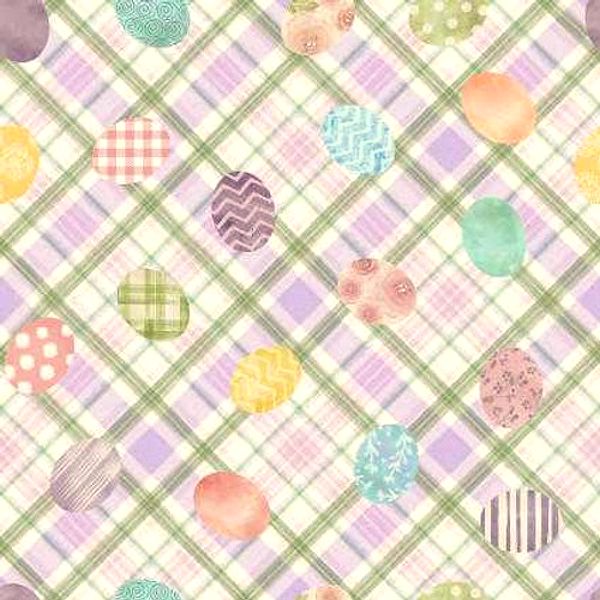 Geometric pattern with colourful oval shapes and plaid background