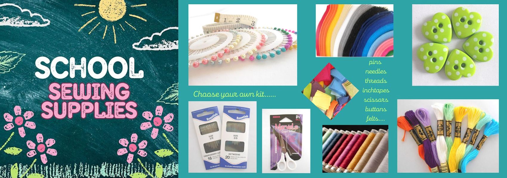 School sewing supplies, kits with threads and needles.