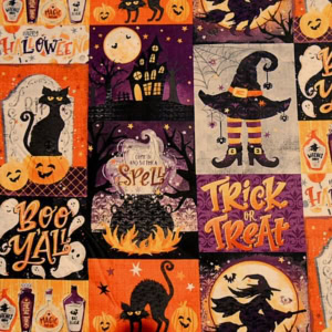 Colourful Halloween collage with cats, pumpkins, witches.