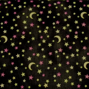 Pattern of stars and moons on dark fabric.