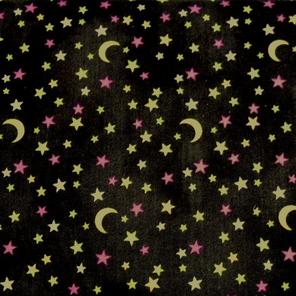 Pattern of stars and moons on dark fabric.