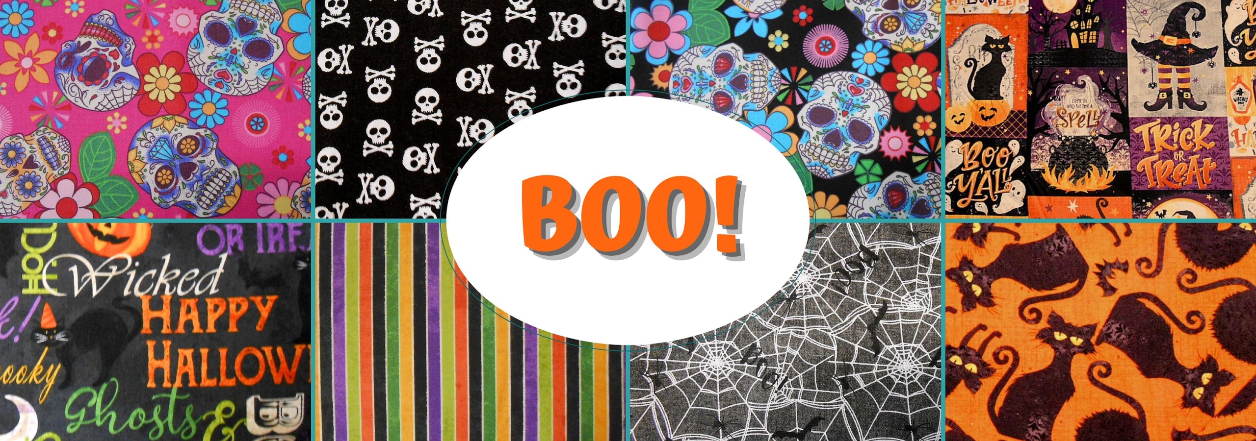 Colourful Halloween patterns with skulls and pumpkins.