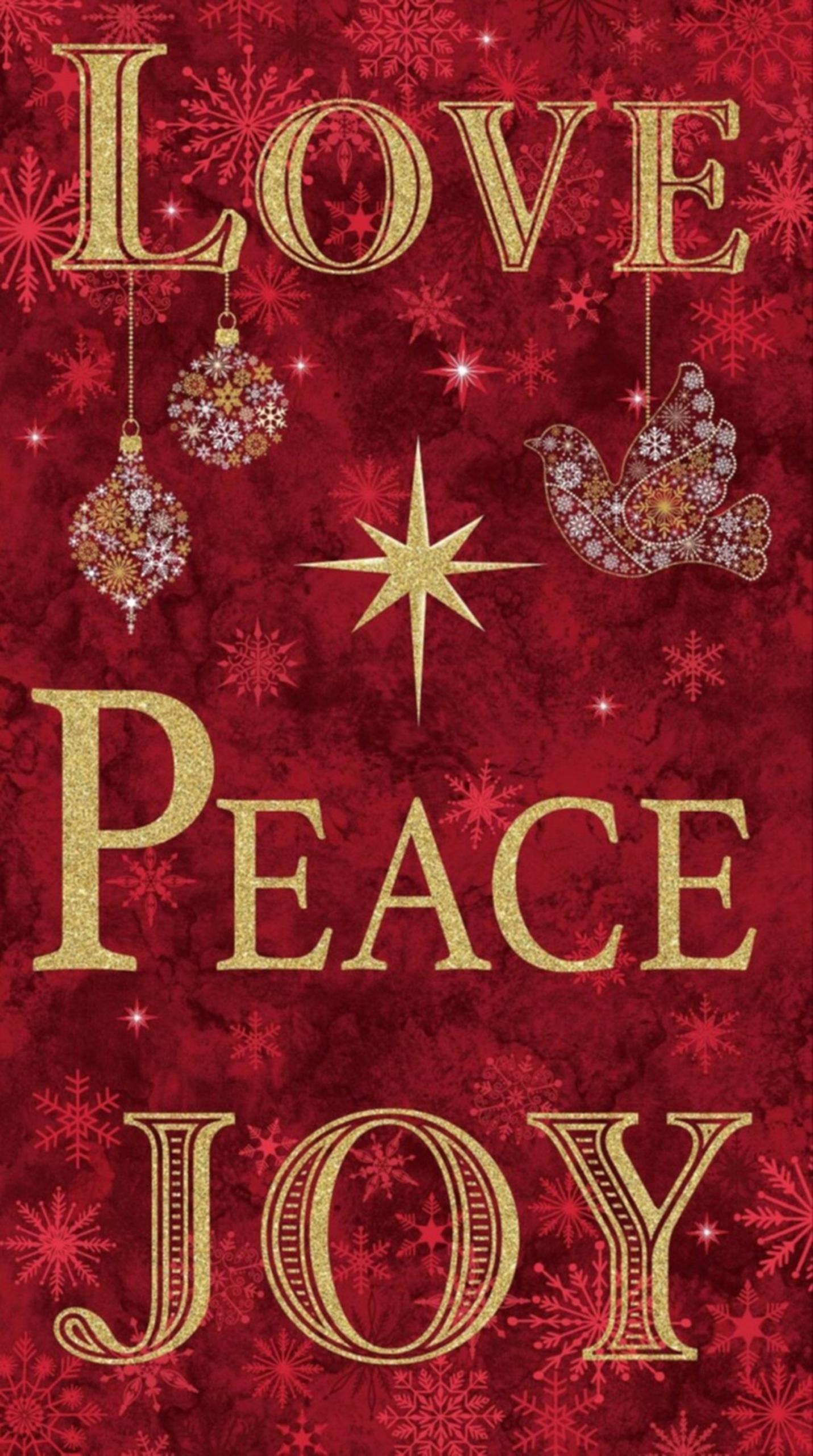 Gold words: Love, Peace, Joy on red background.
