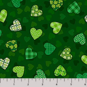 Green patterned hearts on dark green background.