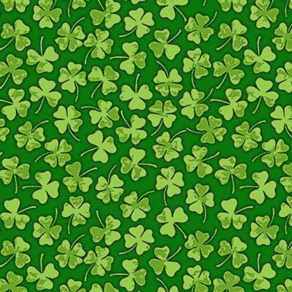 Pattern of green shamrocks on a green background.