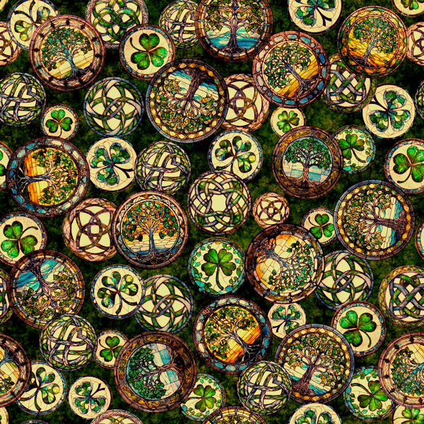 Celtic stained glass with trees and shamrocks pattern.