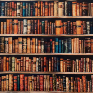 Vintage books on wooden shelves