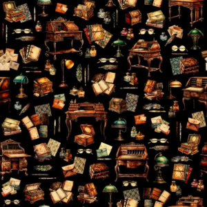 Vintage writing desks and antique office items pattern.