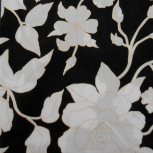 Black background with white floral pattern.